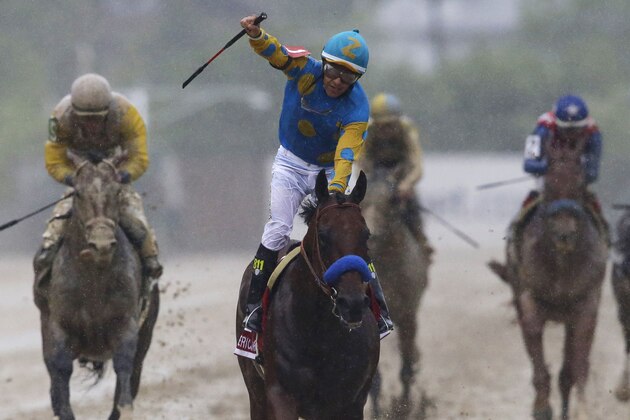 American Pharoah, ridden by Victor Espinoza, center, celebrates after winning the 140th Preakness Stakes horse race at Pimlico Race Course, Saturday, May 16, 2015, in Baltimore. (AP Photo/Patrick Semansky)