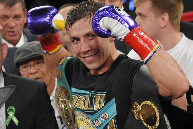 Gennady Golovkin, of Kazakhstan, poses after defeating Willie Monroe Jr. in a middleweight boxingbout, Saturday, May 16, 2015, in Inglewood, Calif. Golovkin won when the fight was stopped in the sixth round. (AP Photo/Mark J. Terrill)