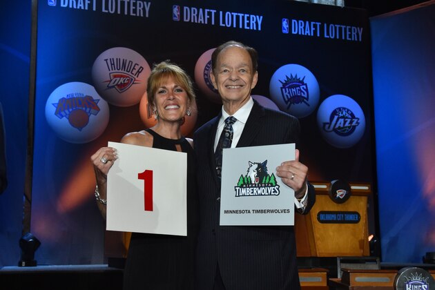 NEW YORK - MAY 19: Owner Glen Taylor and his wife Becky of the Minnesota Timberwolves poses for a photo with the draft card after winning the 2015 NBA Draft Lottery on May 19, 2015 at the New York Hilton Midtown in New York City.  NOTE TO USER: User expressly acknowledges and agrees that, by downloading and/or using this photograph, user is consenting to the terms and conditions of the Getty Images License Agreement. Mandatory Copyright Notice: Copyright 2015 NBAE (Photo by Jesse D. Garrabrant/NBAE via Getty Images)