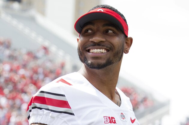 Apr 18, 2015; Columbus, OH, USA; Ohio State Gray Team quarterback Braxton Miller (5) reacts to the fans during the Ohio Spring Game at Ohio Stadium. Mandatory Credit: Greg Bartram-USA TODAY Sports