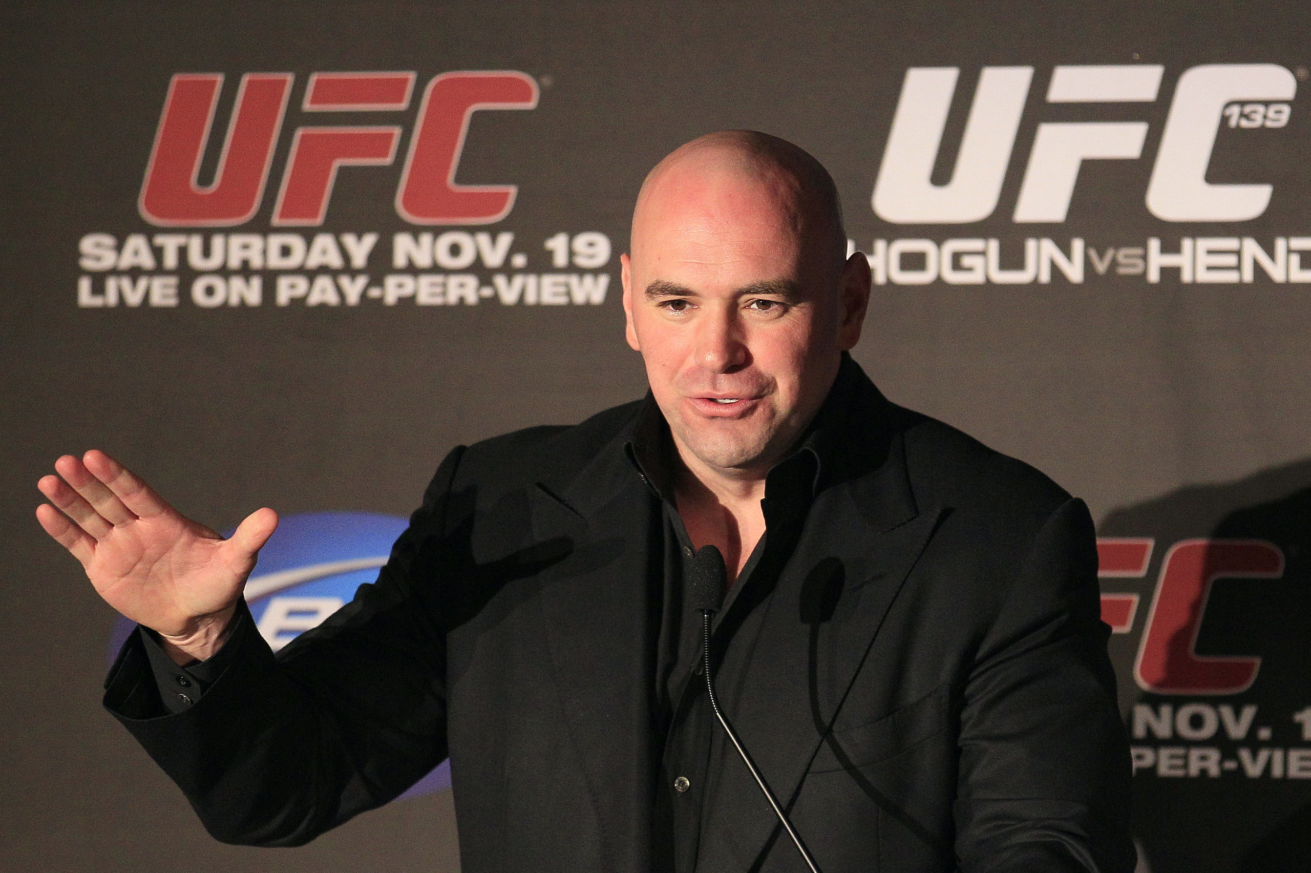 Dana White, President of the Ultimate Fighting Championship, speaks during a news conference after the UFC 139 Mixed Martial Arts event in San Jose, Calif., Saturday, Nov. 19, 2011. (AP Photo/Jeff Chiu)