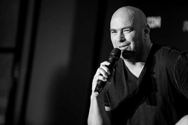 HONG KONG - AUGUST 20:  EDITORS NOTE: Image has been converted to black and white.) UFC President Dana White at a Q&A session during the Macao UFC Fight Night Press Conference at the Four Season Hotel on August 20, 2014 in Hong Kong.  (Photo by Anthony Kwan/Getty Images)