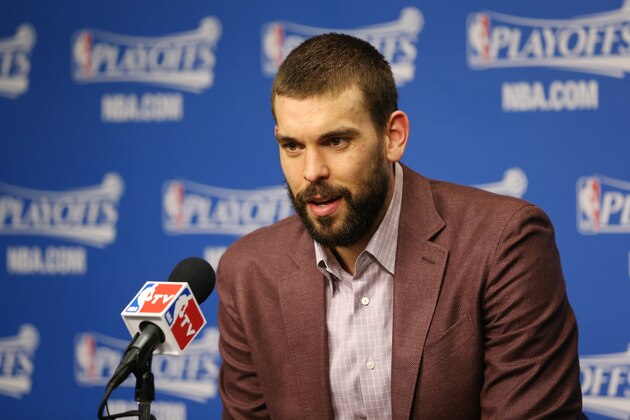 MEMPHIS, TN - MAY 15: Marc Gasol #33 of the Memphis Grizzlies speaks to the media after Game Six of the Western Conference Semifinals of the NBA Playoffs against the Golden State Warriors at FedExForum on May 15, 2015 in Memphis, Tennessee. NOTE TO USER: User expressly acknowledges and agrees that, by downloading and or using this photograph, User is consenting to the terms and conditions of the Getty Images License Agreement. Mandatory Copyright Notice: Copyright 2015 NBAE (Photo by Joe Murphy/NBAE via Getty Images)