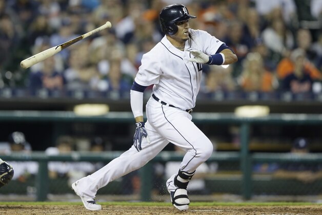 Detroit Tigers designated hitter Victor Martinez runs to first during the eighth inning of an interleague baseball game against the Milwaukee Brewers, Monday, May 18, 2015, in Detroit. (AP Photo/Carlos Osorio)