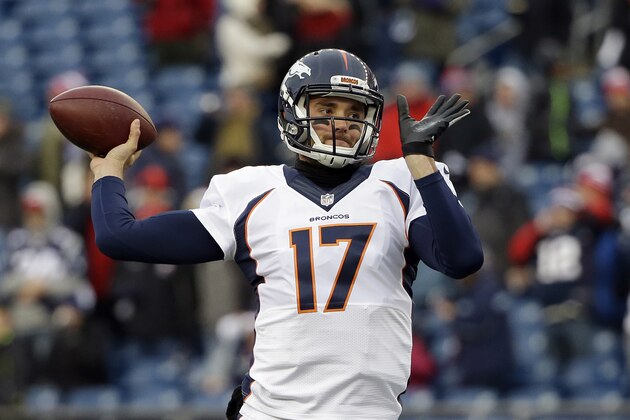 FILE - In a Nov. 2, 2014, file photo Denver Broncos quarterback Brock Osweiler warms up before an NFL football game against the New England Patriots in Foxborough, Mass.  Osweiler has waited patiently as Peyton Manning's backup for 2 ½ years.   He was disappointed on Sunday, Nov. 9, 2014, when he was all warmed up and ready to go in the game only to see the five-time MVP trot back onto the field. (AP Photo/Steven Senne)