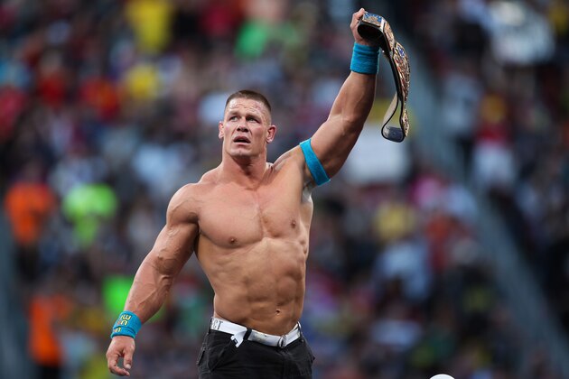 WWE wrestler John Cena celebrates his victory over opponent Rusev at Wrestlemania XXXI, on Sunday, March 29, 2015 in Santa Clara, CA. 2015 marks the first year Wrestlemania will be held in the San Francisco Bay Area, being made available to viewers in 177 countries via the WWE Network. (Don Feria/AP Images for WWE)
