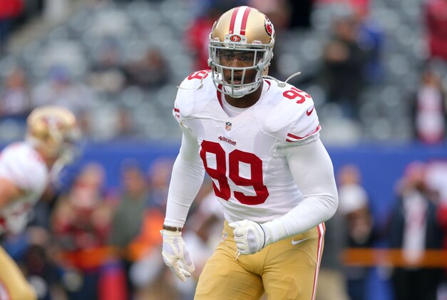Nov 16, 2014; East Rutherford, NJ, USA; San Francisco 49ers linebacker Aldon Smith (99) warms up before a game against the New York Giants at MetLife Stadium. Mandatory Credit: Brad Penner-USA TODAY Sports