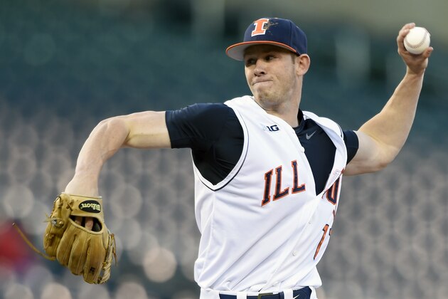 Illinois closer Tyler Jay (11) delivers against Nebraska during the ninth inning of a first-round NCAA Big Ten tournament college baseball game Wednesday, May 20, 2015, in Minneapolis. Illinois won 3-2. (AP Photo/Hannah Foslien)