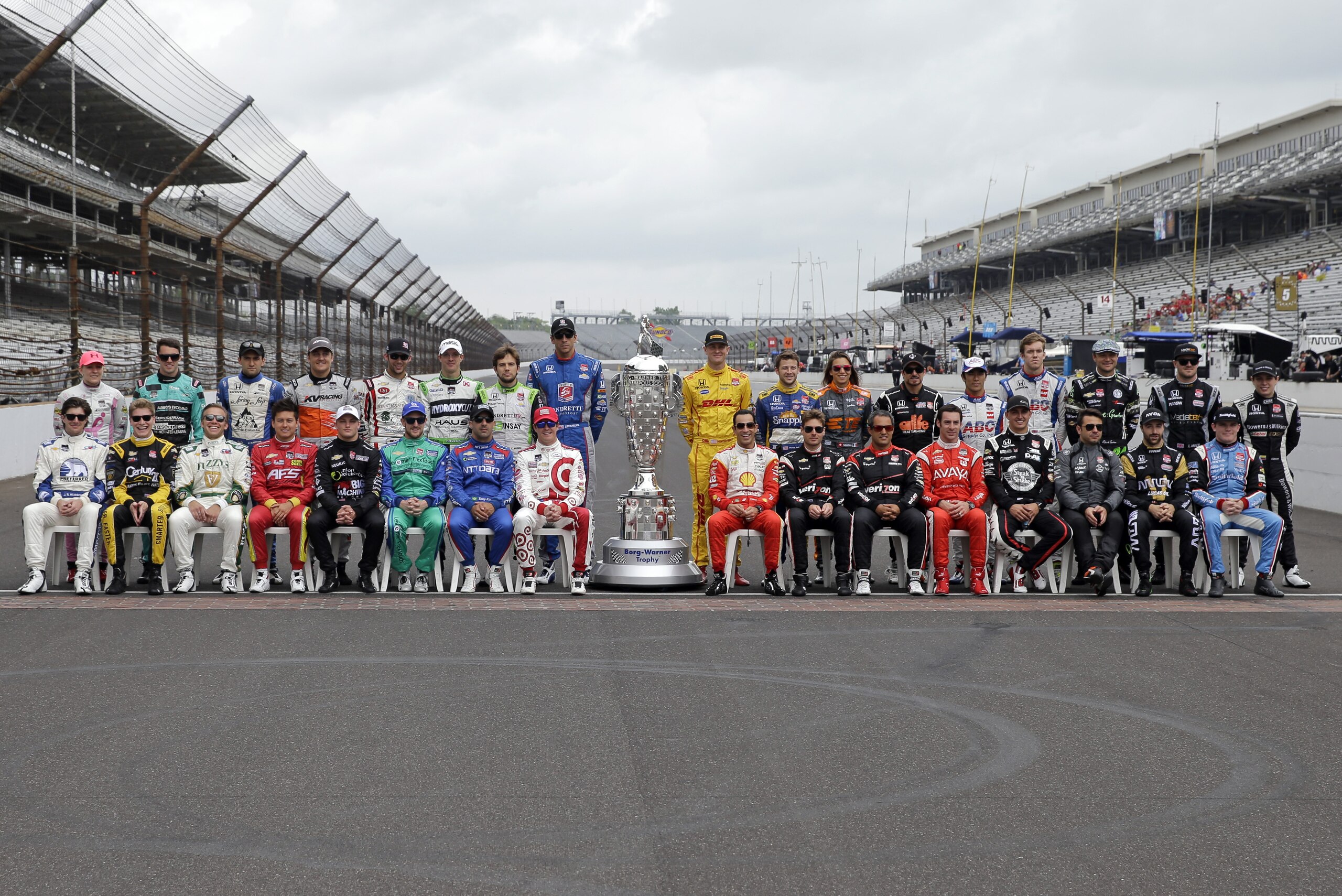 The starting line up for the Indianapolis 500 pose on the start/finish line before the start of practice for the Indianapolis 500 auto race at Indianapolis Motor Speedway in Indianapolis, Monday, May 18, 2015. (AP Photo/Darron Cummings) The starting line up for the Indianapolis 500 pose on the start/finish line before the start of practice for the Indianapolis 500 auto race at Indianapolis Motor Speedway in Indianapolis, Monday, May 18, 2015. (AP Photo/Darron Cummings)