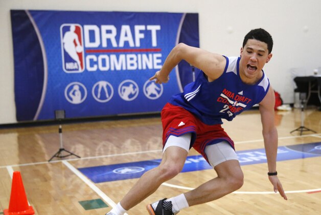Kentucky's Devin Booker participates in the NBA basketball combine Friday, May 15, 2015, in Chicago. (AP Photo/Charles Rex Arbogast)