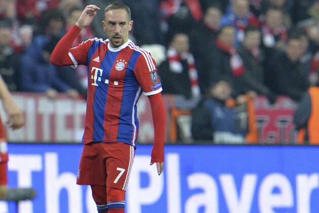 Bayern's Franck Ribery celebrates after scoring his side's 3rd goal during the Champions League round of 16 second leg soccer match between Bayern Munich and Shakhtar Donetsk Wednesday, March 11, 2015 in Munich, southern Germany. (AP Photo/Kerstin Joensson)