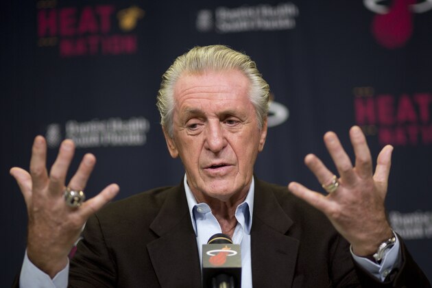 Miami Heat President Pat Riley talks to the media, Monday, April 20, 2015, in Miami. Riley expressed displeasure with himself and the Miami Heat organization for failing to make the playoffs for the first time in seven years. (AP Photo/J Pat Carter)