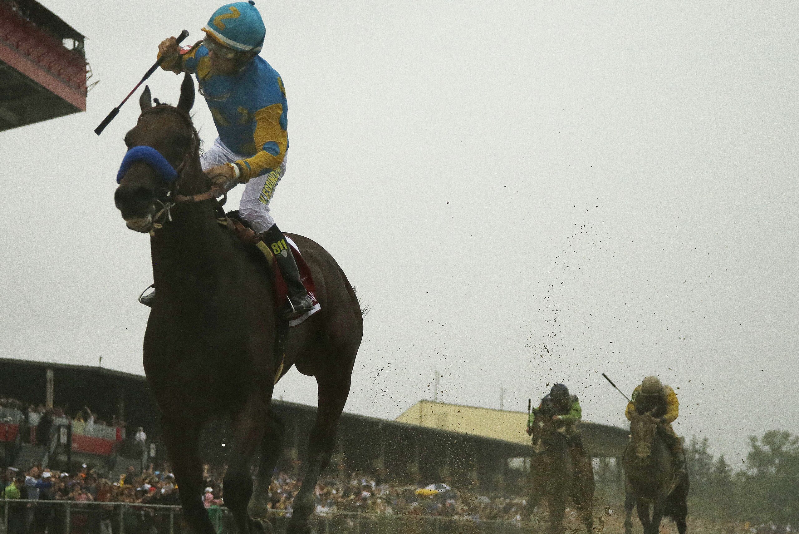 American Pharoah, ridden by Victor Espinoza  wins the 140th Preakness Stakes horse race at Pimlico Race Course, Saturday, May 16, 2015, in Baltimore. (AP Photo/Matt Slocum)