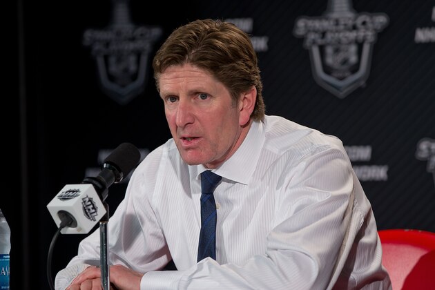 DETROIT, MI - APRIL 21: Head coach Mike Babcock of the Detroit Red Wings addresses the media after Game Three of the Eastern Conference Quarterfinals against the Tampa Bay Lightning during the 2015 NHL Stanley Cup Playoffs on April 21, 2015 at Joe Louis Arena in Detroit, Michigan. The Wings defeated the Lightning 3-0. (Photo by Dave Reginek/NHLI via Getty Images)