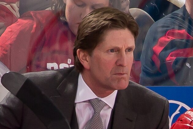 DETROIT, MI - MARCH 4: Head coach Mike Babcock of the Detroit Red Wings watches the action from the bench during a NHL game against the New York Rangers on March 4, 2015 at Joe Louis Arena in Detroit, Michigan. The Wings defeated the Rangers 2-1 in O.T. (Photo by Dave Reginek/NHLI via Getty Images)