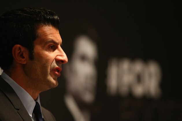 LONDON, ENGLAND - FEBRUARY 19:  Luis Figo talks to the media as he launches his FIFA Presidential Campaign Manifesto at Wembley Stadium on February 19, 2015 in London, England.  (Photo by Paul Gilham/Getty Images)