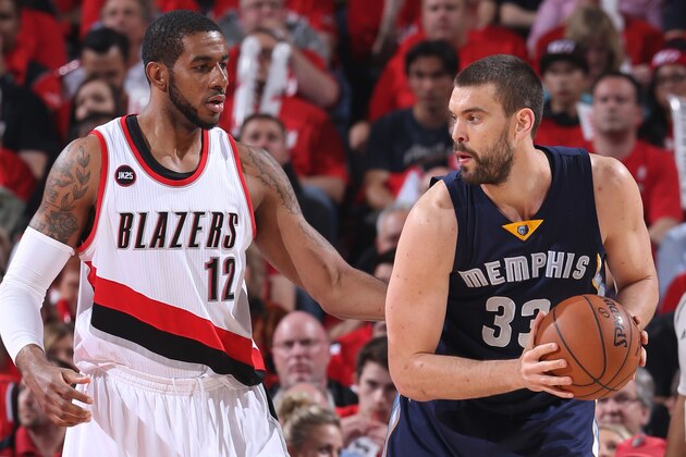PORTLAND, OR - APRIL 27:  Marc Gasol #33 of the Memphis Grizzlies looks to drive to the basket against LaMarcus Aldridge #12 of the Portland Trail Blazers in Game Four of the Western Conference Quarterfinals during the 2015 NBA Playoffs on April 27, 2015 at the Moda Center in Portland, Oregon. NOTE TO USER: User expressly acknowledges and agrees that, by downloading and or using this photograph, User is consenting to the terms and conditions of the Getty Images License Agreement. Mandatory Copyright Notice: Copyright 2015 NBAE (Photo by Sam Forencich/NBAE via Getty Images)