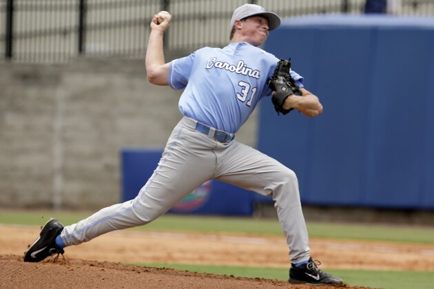 North Carolina pitcher Trent Thornton throws against Long Beach State during the third inning in an NCAA college baseball regional tournament game in Gainesville, Fla., Friday, May 30, 2014. (AP Photo/John Raoux)