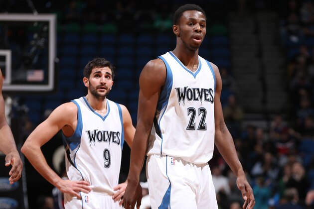 MINNEAPOLIS, MN -  FEBRUARY 9: Andrew Wiggins #22 and Ricky Rubio #9 of the Minnesota Timberwolves during the game against Atlanta Hawks on February 9, 2015 at Target Center in Minneapolis, Minnesota. NOTE TO USER: User expressly acknowledges and agrees that, by downloading and or using this Photograph, user is consenting to the terms and conditions of the Getty Images License Agreement. Mandatory Copyright Notice: Copyright 2015 NBAE (Photo by David Sherman/NBAE via Getty Images)