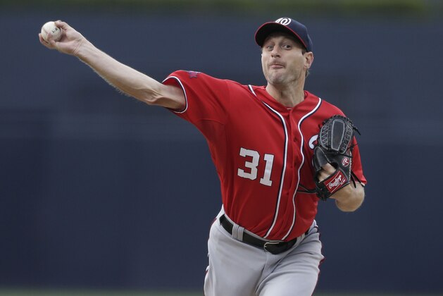 Washington Nationals starting pitcher Max Scherzer looks in as he throws to a San Diego Padres batter during the first inning in a baseball game Saturday, May 16, 2015, in San Diego. (AP Photo/Gregory Bull)