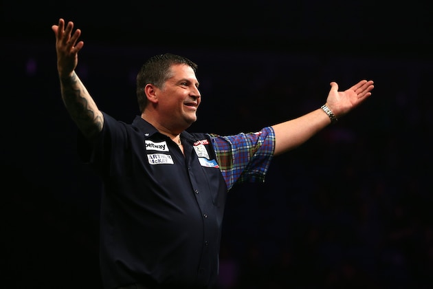 LONDON, ENGLAND - MAY 21: Gary Anderson of Scotland celebrates winning his semi-final match against Dave Chisnall of England during the Betway Premier League at The 02 Arena on May 21, 2015 in London, England. (Photo by Charlie Crowhurst/Getty Images)