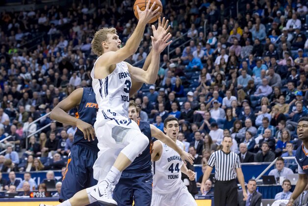 Jan 8, 2015; Provo, UT, USA; Brigham Young Cougars guard Tyler Haws (3) goes to the basket during the second half against the Pepperdine Waves at Marriott Center. Pepperdine Waves won the game 67-61. Mandatory Credit: Chris Nicoll-USA TODAY Sports
