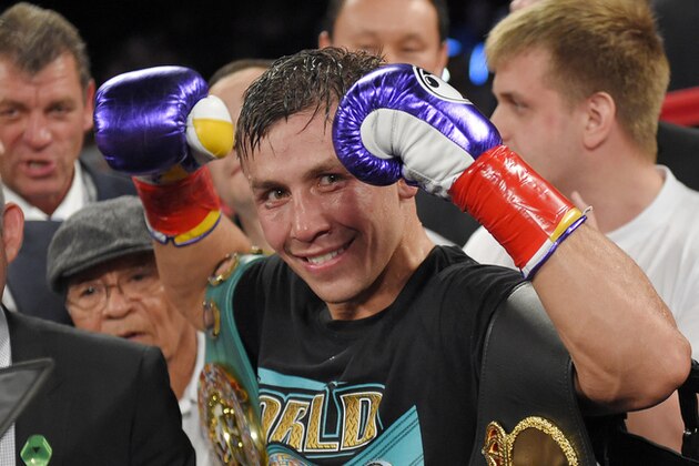 Gennady Golovkin, of Kazakhstan, poses after defeating Willie Monroe Jr. in a middleweight boxingbout, Saturday, May 16, 2015, in Inglewood, Calif. Golovkin won when the fight was stopped in the sixth round. (AP Photo/Mark J. Terrill)