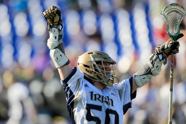 BALTIMORE, MD - MAY 24: Matt Kavanagh #50 of the Notre Dame Fighting Irish celebrates after the Irish defeated the Maryland Terrapins 11-6 during the semifinals of the 2014 NCAA Division I Men's Lacrosse Championship at M&T Bank Stadium on May 24, 2014 in Baltimore, Maryland.  (Photo by Rob Carr/Getty Images)