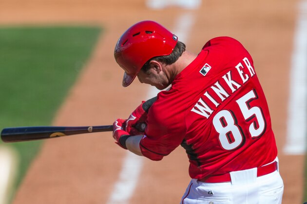 GOODYEAR, AZ - MARCH 3: Jesse Winker #85 of the Cincinnati Reds bats during a spring training game against the Cleveland Indians at Goodyear Ballpark on March 3, 2015 in Goodyear, Arizona. (Photo by Rob Tringali/Getty Images)