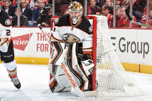 CHICAGO, IL - MAY 21: Goalie Frederik Andersen #31 of the Anaheim Ducks guards the net in Game Three of the Western Conference Finals against the Chicago Blackhawks during the 2015 NHL Stanley Cup Playoffs at the United Center on May 21, 2015 in Chicago, Illinois. (Photo by Bill Smith/NHLI via Getty Images) CHICAGO, IL - MAY 21: Goalie Frederik Andersen #31 of the Anaheim Ducks guards the net in Game Three of the Western Conference Finals against the Chicago Blackhawks during the 2015 NHL Stanley Cup Playoffs at the United Center on May 21, 2015 in Chicago, Illinois. (Photo by Bill Smith/NHLI via Getty Images)