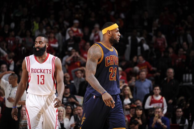 HOUSTON, TX - MARCH 1: James Harden #13 of the Houston Rockets and LeBron James #23 of the Cleveland Cavaliers during the game on March 1, 2015 at the Toyota Center in Houston, Texas. NOTE TO USER: User expressly acknowledges and agrees that, by downloading and or using this photograph, User is consenting to the terms and conditions of the Getty Images License Agreement. Mandatory Copyright Notice: Copyright 2015 NBAE (Photo by Bill Baptist/NBAE via Getty Images)