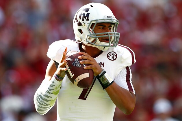TUSCALOOSA, AL - OCTOBER 18:  Kenny Hill #7 of the Texas A&M Aggies looks to pass against the Alabama Crimson Tide at Bryant-Denny Stadium on October 18, 2014 in Tuscaloosa, Alabama.  (Photo by Kevin C. Cox/Getty Images)