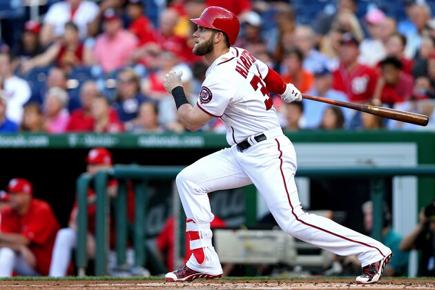 WASHINGTON, DC - MAY 19: Bryce Harper #34 of the Washington Nationals hits a home run against the New York Yankees in the first inning at Nationals Park on May 19, 2015 in Washington, DC. (Photo by Patrick Smith/Getty Images)