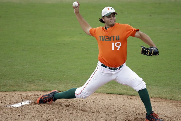 File- In this June 2, 2014, file photo, Miami pitcher Bryan Garcia throws in the eighth inning against Texas Tech during an NCAA college baseball regional tournament in Coral Gables, Fla. In 2015, Closer Bryan Garcia has nine saves to lead a bullpen that during the 12-game win streak has an 0.48 ERA, 38 strikeouts and eight walks. No team in college baseball is feared more than Miami right now. The Hurricanes have outscored opponents 170-21 while winning their last 12 games. (AP Photo/Lynne Sladky, file) File- In this June 2, 2014, file photo, Miami pitcher Bryan Garcia throws in the eighth inning against Texas Tech during an NCAA college baseball regional tournament in Coral Gables, Fla. In 2015, Closer Bryan Garcia has nine saves to lead a bullpen that during the 12-game win streak has an 0.48 ERA, 38 strikeouts and eight walks. No team in college baseball is feared more than Miami right now. The Hurricanes have outscored opponents 170-21 while winning their last 12 games. (AP Photo/Lynne Sladky, file)