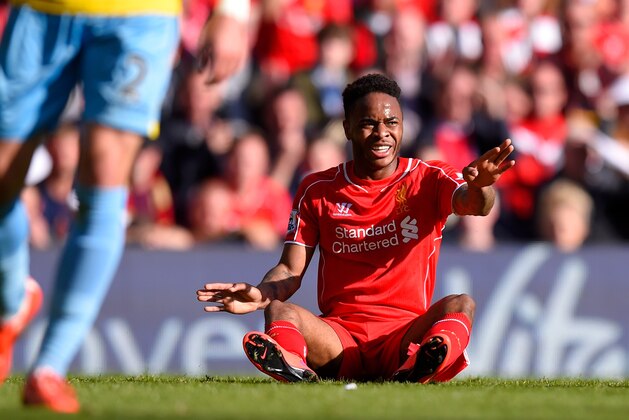 LIVERPOOL, ENGLAND - MAY 16:  Raheem Sterling of Liverpool reacts during the Barclays Premier League match betrween Liverpool and Crystal Palace at Anfield on May 16, 2015 in Liverpool, England.  (Photo by Stu Forster/Getty Images)
