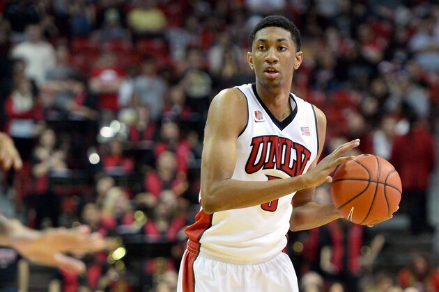 LAS VEGAS, NV - FEBRUARY 26:  Christian Wood #5 of the UNLV Rebels looks to pass against the Colorado State Rams during their game at the Thomas & Mack Center on February 26, 2014 in Las Vegas, Nevada. UNLV won 78-70.  (Photo by Ethan Miller/Getty Images)