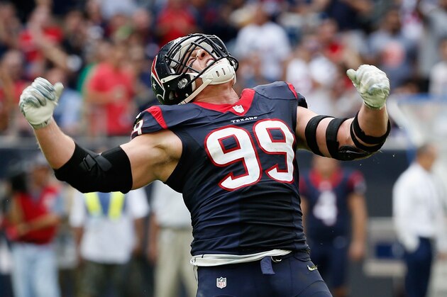 HOUSTON, TX - NOVEMBER 30:  J.J. Watt #99 of the Houston Texans celebrates a sack in the first half of their game against the Tennessee Titans at NRG Stadium on November 30, 2014 in Houston, Texas.  (Photo by Scott Halleran/Getty Images)