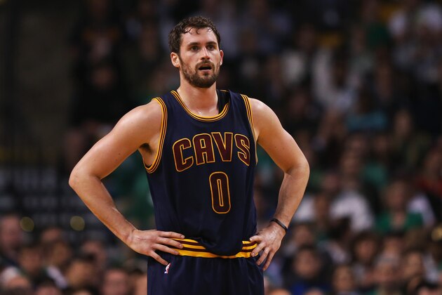 BOSTON, MA - APRIL 23:  Kevin Love #0 of the Cleveland Cavaliers looks on during the first quarter against the Boston Celtics in the first round of the 2015 NBA Playoffs at TD Garden on April 23, 2015 in Boston, Massachusetts. NOTE TO USER: User expressly acknowledges and agrees that, by downloading and/or using this photograph, user is consenting to the terms and conditions of the Getty Images License Agreement.  (Photo by Maddie Meyer/Getty Images)