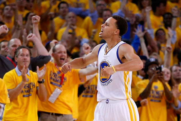OAKLAND, CA - MAY 21: Stephen Curry #30 of the Golden State Warriors reacts after defeating the Houston Rockets during game two of the Western Conference Finals of the 2015 NBA PLayoffs at ORACLE Arena on May 21, 2015 in Oakland, California. NOTE TO USER: User expressly acknowledges and agrees that, by downloading and or using this photograph, user is consenting to the terms and conditions of Getty Images License Agreement.  (Photo by Ezra Shaw/Getty Images)