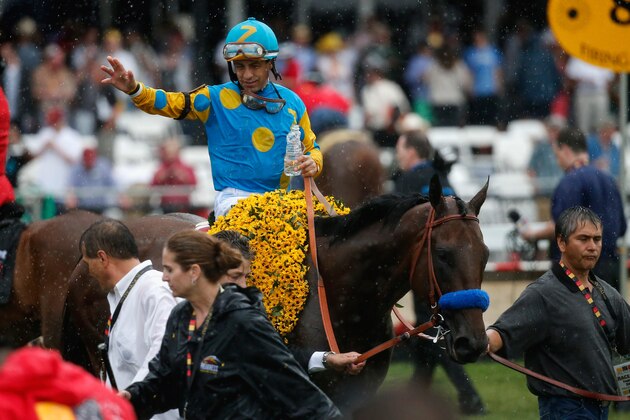 BALTIMORE, MD - MAY 16:  Jockey Victor Espinoza celebrates aboard American Pharoah #1 after winning the 140th running of the Preakness Stakes at Pimlico Race Course on May 16, 2015 in Baltimore, Maryland.  (Photo by Rob Carr/Getty Images)