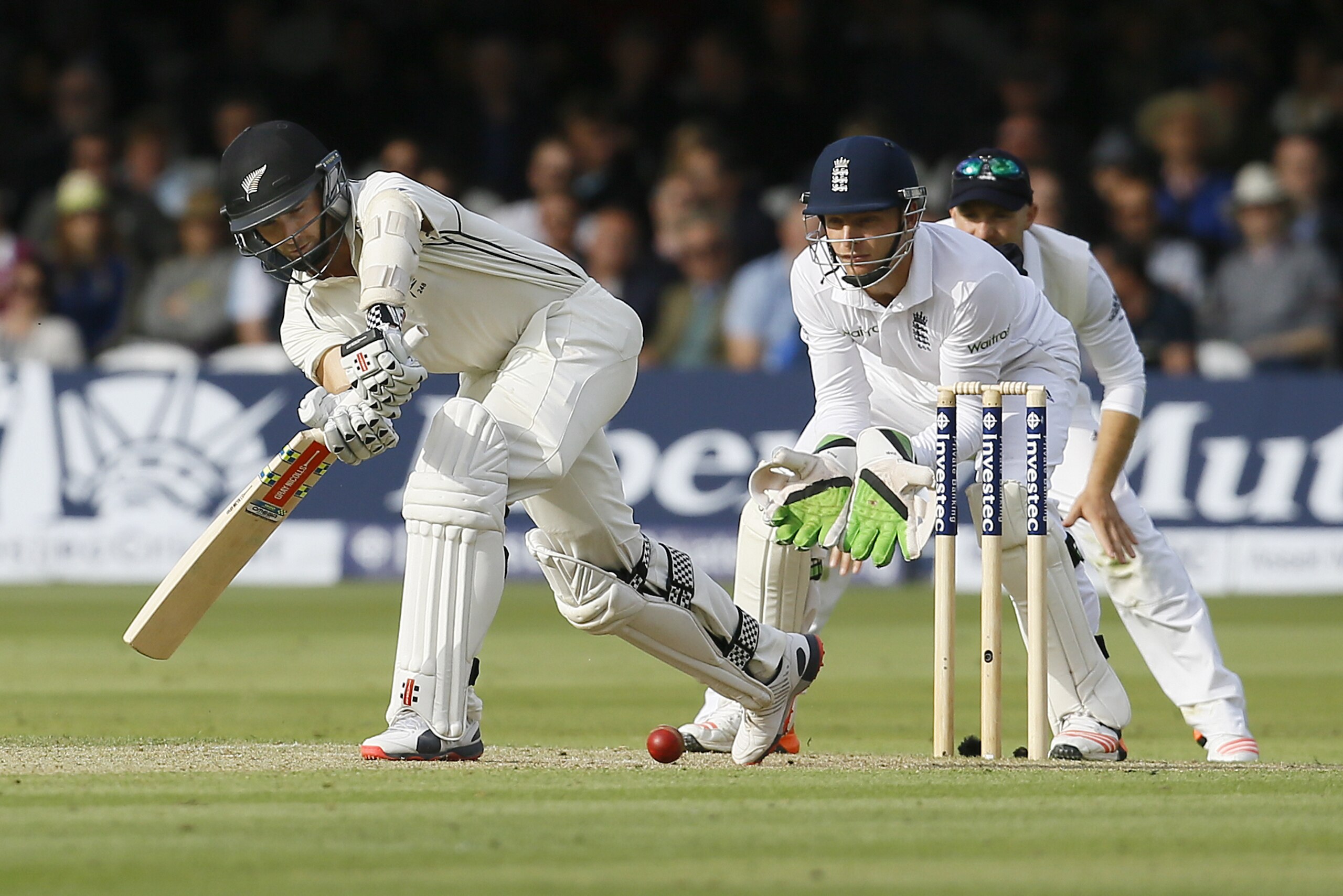 New Zealand's Kane Williamson plays a shot off the bowling of England's Moeen Ali during the second day of the first Test match between England and New Zealand at Lord's cricket ground in London, Friday, May 22, 2015. (AP Photo/Kirsty Wigglesworth)