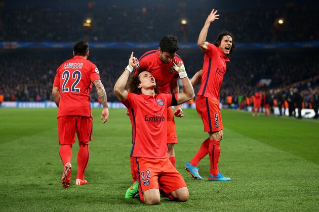 LONDON, ENGLAND - MARCH 11: David Luiz of PSG celebrates after scoring a goal to level the scores at 1-1 during the UEFA Champions League Round of 16, second leg match between Chelsea and Paris Saint-Germain at Stamford Bridge on March 11, 2015 in London, England. (Photo by Paul Gilham/Getty Images) LONDON, ENGLAND - MARCH 11: David Luiz of PSG celebrates after scoring a goal to level the scores at 1-1 during the UEFA Champions League Round of 16, second leg match between Chelsea and Paris Saint-Germain at Stamford Bridge on March 11, 2015 in London, England. (Photo by Paul Gilham/Getty Images)
