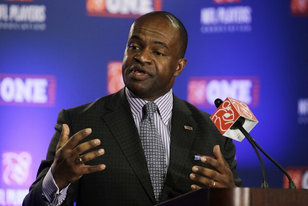 NFL Players Association Executive Director DeMaurice Smith speaks during a news conference for NFL Super Bowl XLIX football game Thursday, Jan. 29, 2015, in Phoenix. (AP Photo/David J. Phillip)
