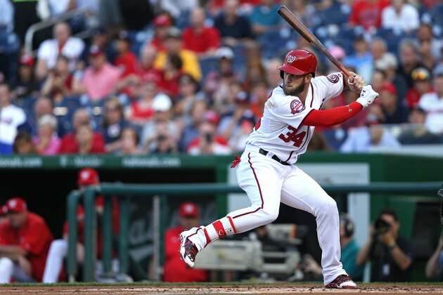 WASHINGTON, DC - MAY 19: Bryce Harper #34 of the Washington Nationals bats against the New York Yankees at Nationals Park on May 19, 2015 in Washington, DC. The Washington Nationals won, 8-6. (Photo by Patrick Smith/Getty Images)