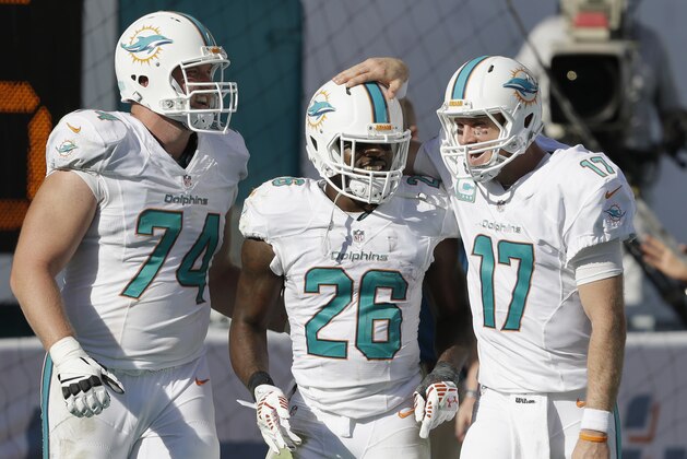 Miami Dolphins quarterback Ryan Tannehill (17) and tackle Jason Fox (74) congratulate running back Lamar Miller (26) after Miller scored on a 97-yard touchdown run during the second half of an NFL football game against the New York Jets, Sunday, Dec. 28, 2014, in Miami Gardens, Fla. (AP Photo/Wilfredo Lee)
