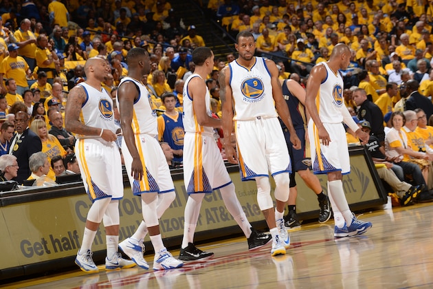 OAKLAND, CA - APRIL 20:  Marreese Speights #5, Draymond Green #23, Shaun Livingston #34, Andre Iguodala #9 and Leandro Barbosa #19 of the Golden State Warriors stand on the court in Game Two of the Western Conference Quarterfinals against the New Orleans Pelicans during the NBA Playoffs on April 20, 2015 at Oracle Arena in Oakland, California. NOTE TO USER: User expressly acknowledges and agrees that, by downloading and or using this photograph, user is consenting to the terms and conditions of Getty Images License Agreement. Mandatory Copyright Notice: Copyright 2015 NBAE (Photo by Noah Graham/NBAE via Getty Images)