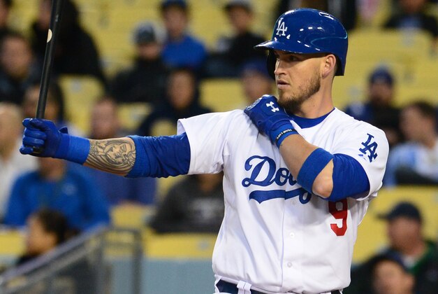 May 14, 2015; Los Angeles, CA, USA;  Los Angeles Dodgers catcher Yasmani Grandal (9) at bat in the first inning against the Colorado Rockies at Dodger Stadium. Mandatory Credit: Jayne Kamin-Oncea-USA TODAY Sports