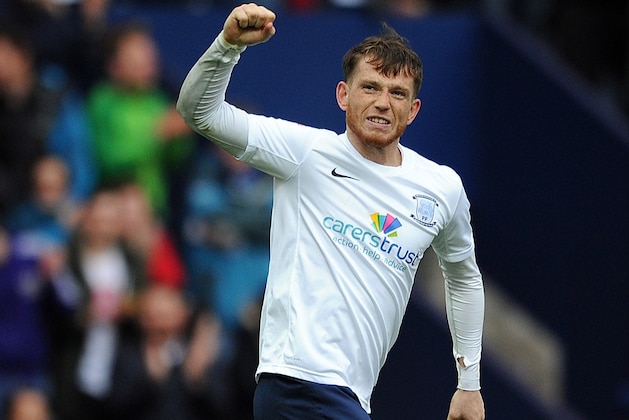 PRESTON, ENGLAND - MAY 10: Joe Garner of Preston North End celebrates scoring their first goal during the Sky Bet League One Play Off Semi Final first leg match between Preston North End and Rotherham United at Deepdale on May 10, 2014 in Preston, England. (Photo by Chris Brunskill/Getty Images)