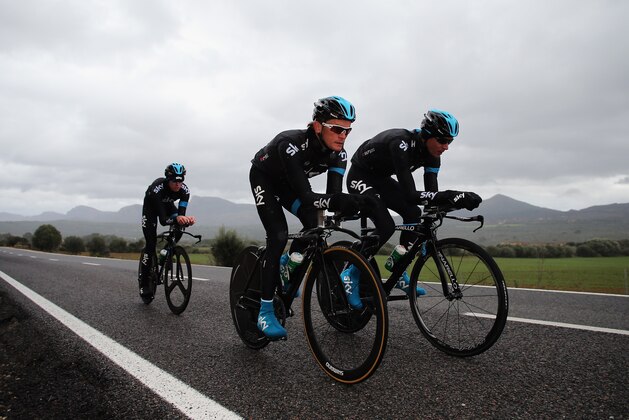 MALLORCA, SPAIN - JANUARY 24:  (l to r) Team SKY riders Chris Froome, Vasil Kiryienka and Kanstantsin Siutsou ride their time trial bikes during a Team Sky Media Day in Puerto de Alcudia on January 24, 2013 in Mallorca, Spain.  (Photo by Bryn Lennon/Getty Images)