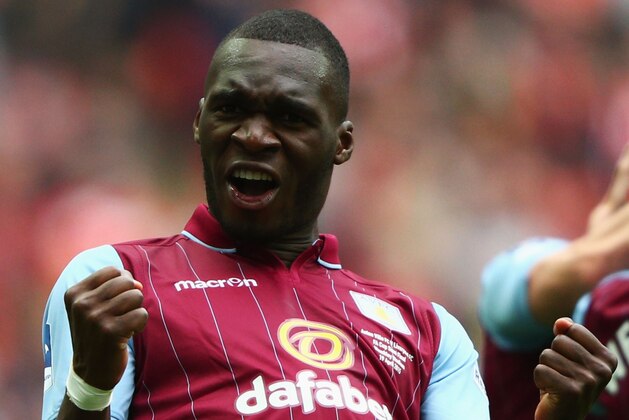 LONDON, ENGLAND - APRIL 19:  Christian Benteke of Aston Villa celebrates after Fabian Delph of Aston Villa scored their second goal during the FA Cup Semi Final between Aston Villa and Liverpool at Wembley Stadium on April 19, 2015 in London, England.  (Photo by Ian Walton/Getty Images)